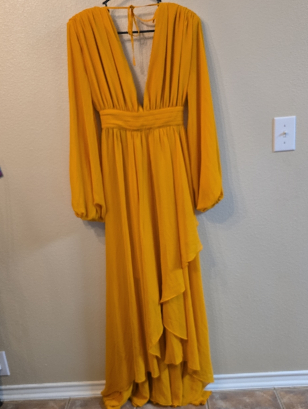 Deep V-Neck Mustard Yellow Long Sleeve Maxi Dress